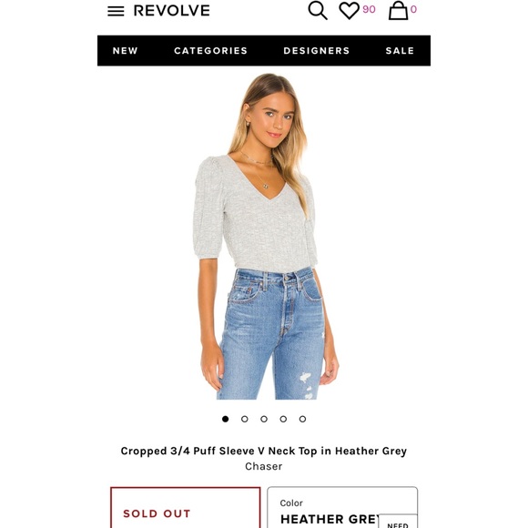 Grey Puffer Sleeve V Neck Top - Picture 3 of 6